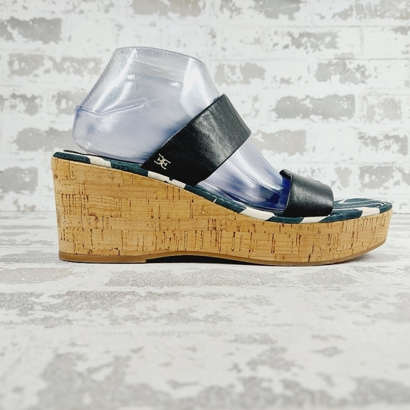 New Sam Edelman Alissa Platform Cork Heel Black Leather Slides Sandals  W812 - Picture 5 of 12